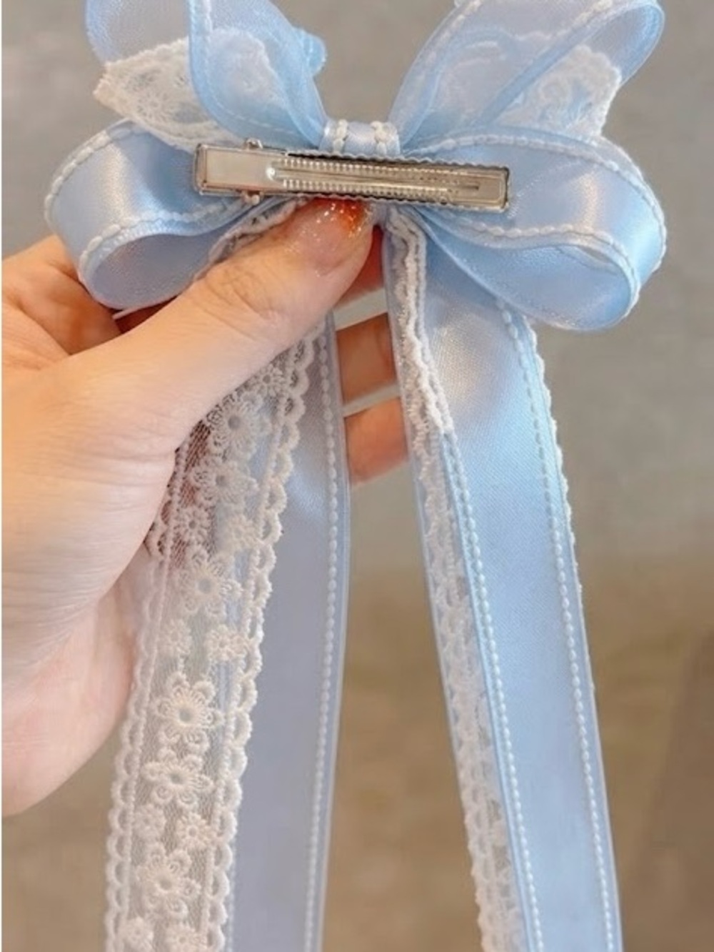 Light Blue Satin & Lace Bow Hair Clip - Picture 2 of 2